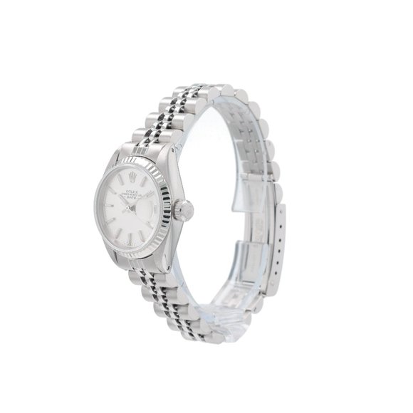 Rolex Ladies Date 26mm Steel Silver Index Dial Fluted Bezel Jubilee Band 6917